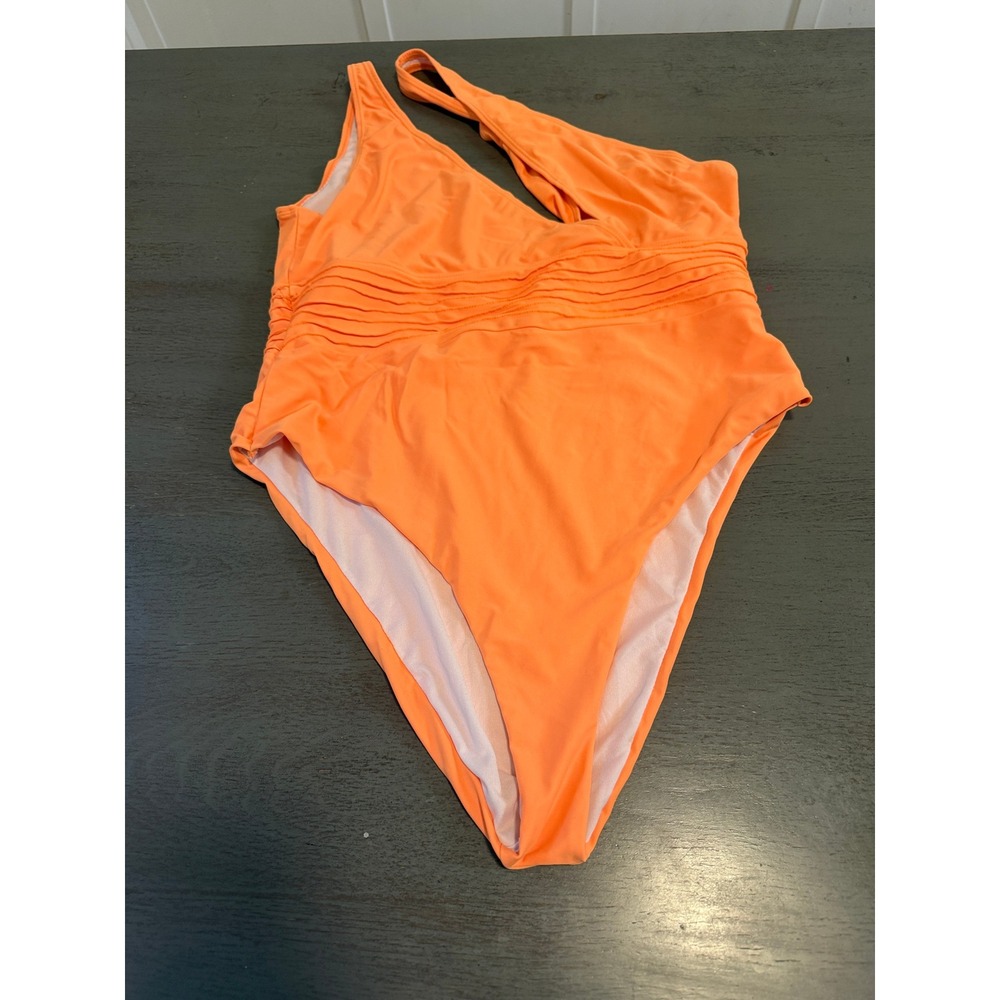 Boohoo Womens One Shoulder Cutout Ruched One Piece Swimsuit Neon Orange Size 12